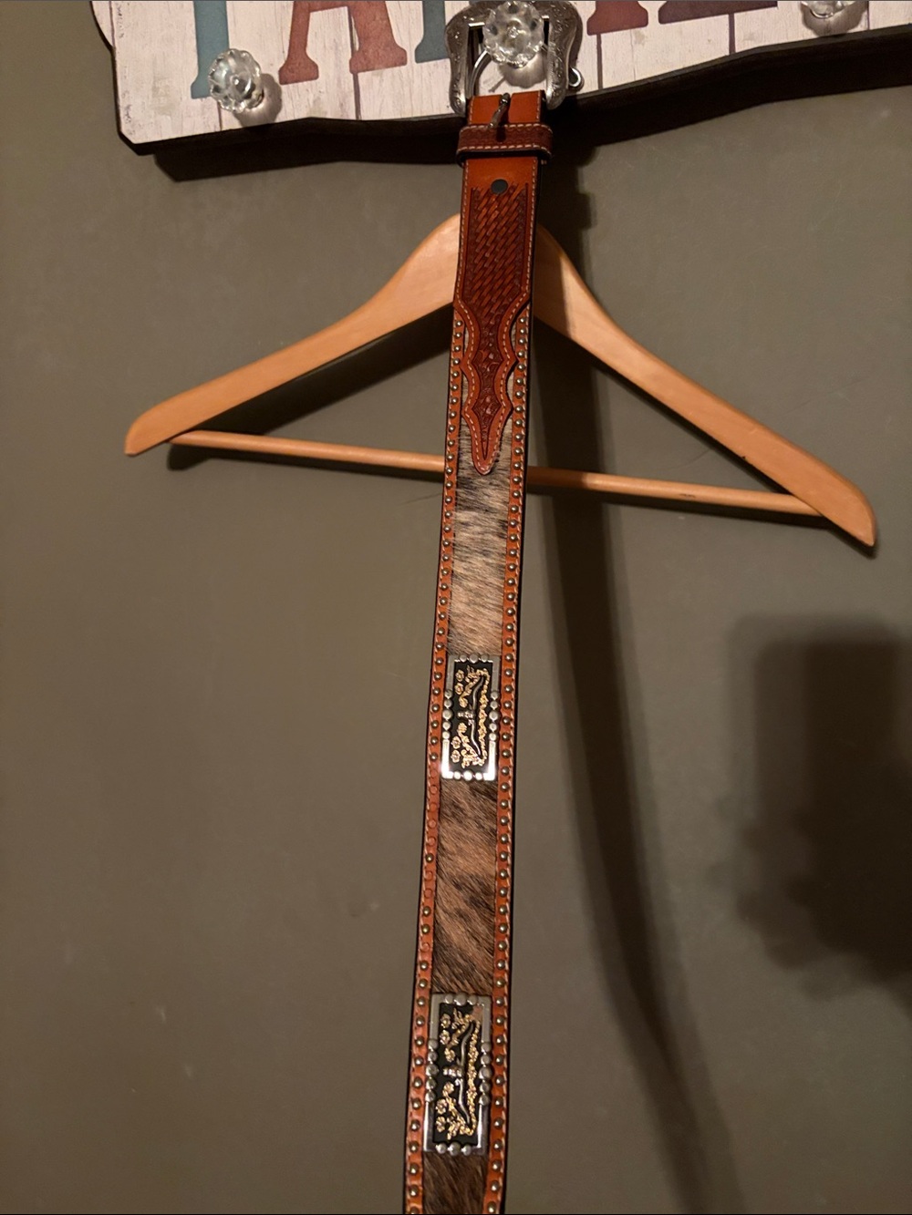 Men's Tan/Brown Leather Belt with Hair-On-Hide Inlay and Studded Accents